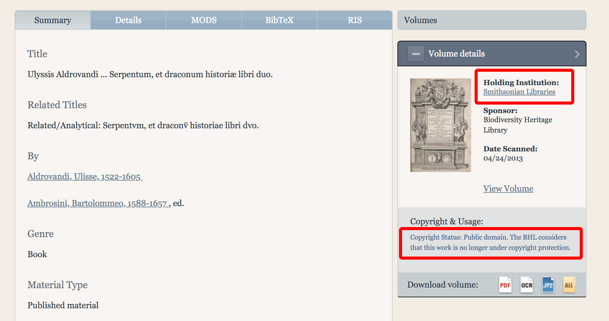 Screenshot of BHL website with Holding Institution and Copyright Status highlighted.